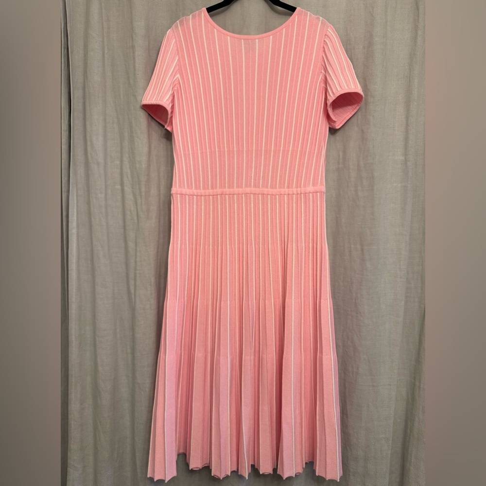 Ming Wang Pink & White Striped Knit Pleated Fit & Flare Midi Dress - Small